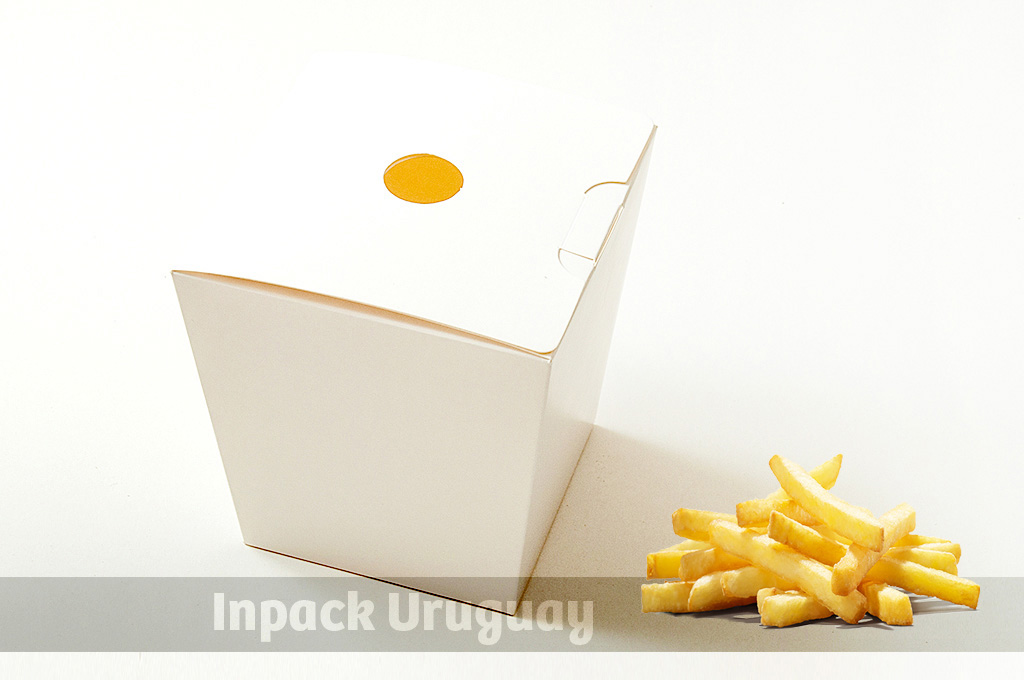 Caja de fritas para una porción grande. Orificio de respiración. Medidas: 11 x 11 x 12 cms.